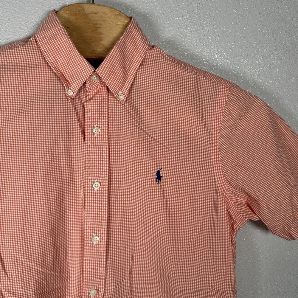 Ralph Lauren Short Sleeve Button‎ Down Oxford Shirt Mens Medium Orange Gingham